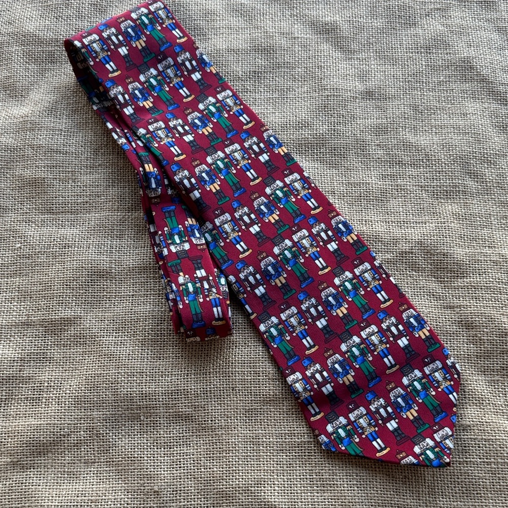 Nutcracker Christmas Patterned Tie - Burgundy and Blue Handmade UNICEF Vintage